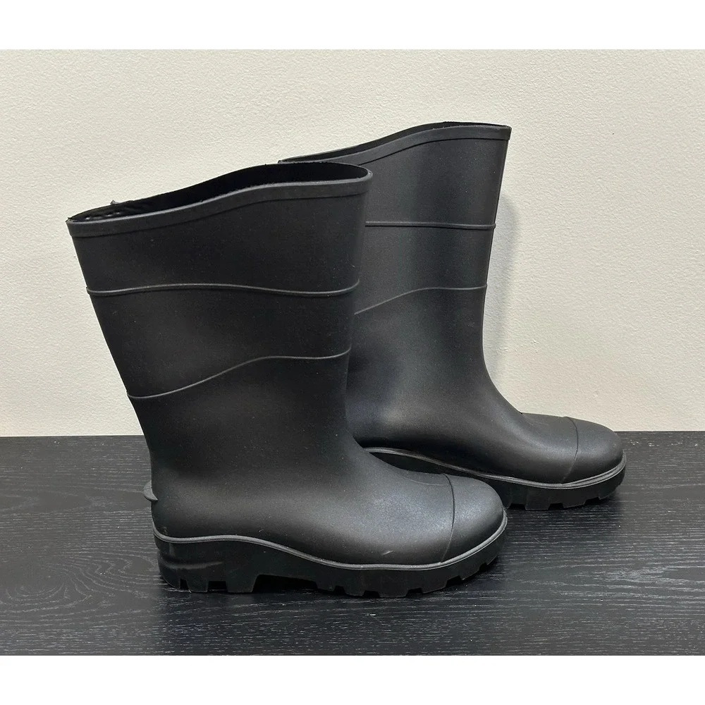 Black Rubber Waterproof Pull-On Mid-Calf Rain Boots Round Toe Mens 6 Woman's 8
